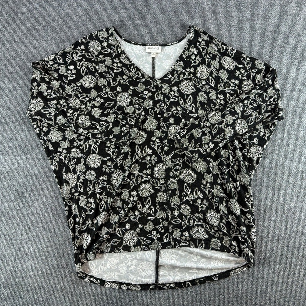 Studio B Bobeau Womens 1X Top‎ Black White Floral V-Neck Dolman High Low Blouse